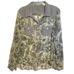 Adore Sheer Floral & Striped Twill Mixed Media Top Women's XL Green Gray Button